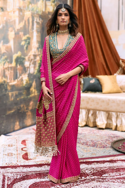 Pink and turquoise hand embroidered sari set