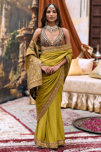 Yellow and purple hand embroidered sari set