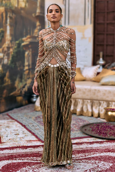 Olive and brown embroidered-draped skirt set