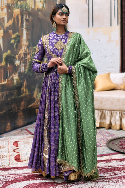 Purple olive green embellished anarkali set