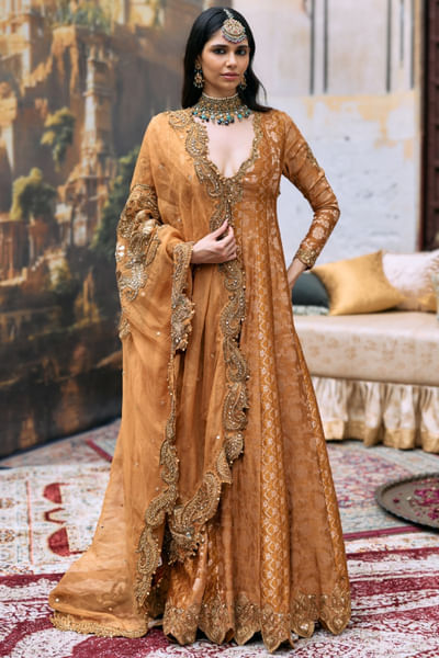 Orange and rust embellished anarkali set