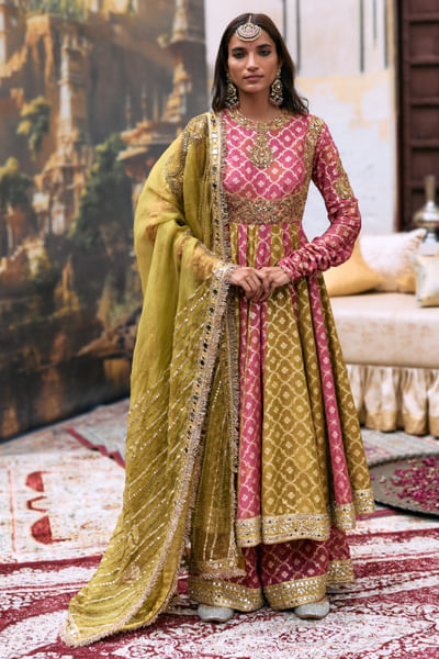 Pink and yellow green embroidered anarkali set