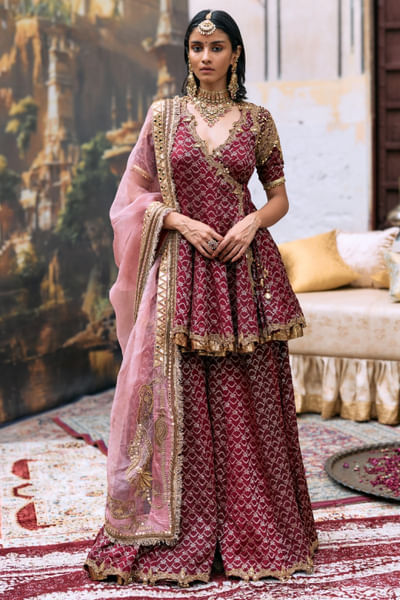 Maroon embellished angrakha and sharara set