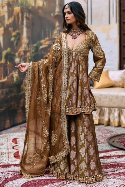 Olive and brown embellished peplum sharara set