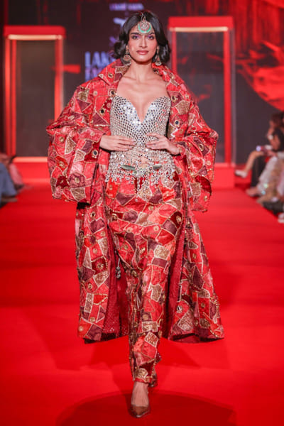 Red mirror embellished jacket skirt set