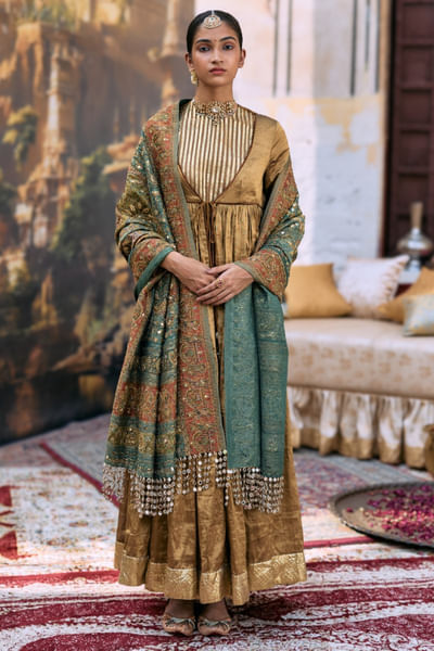 Bronze and green hand embroidered anarkali set