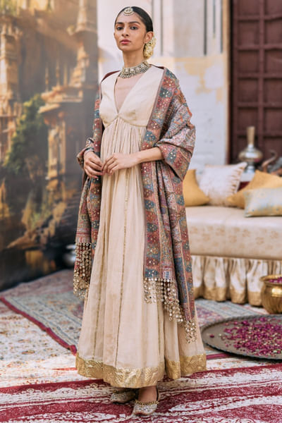 Beige hand embroidered anarkali set