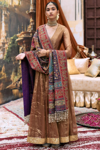 Copper and purple hand embroidery anarkali set