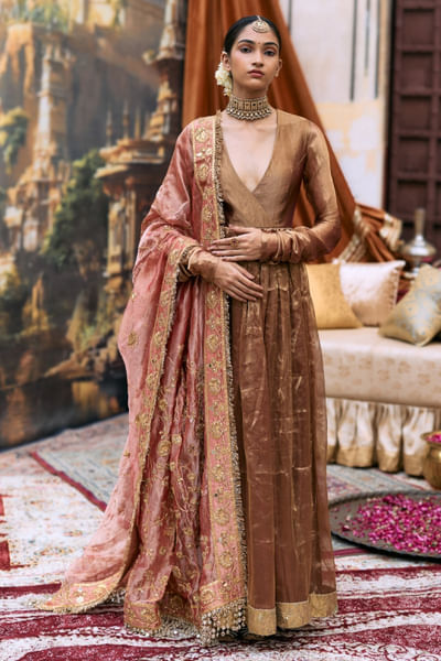 Copper and red embroidered anarkali set