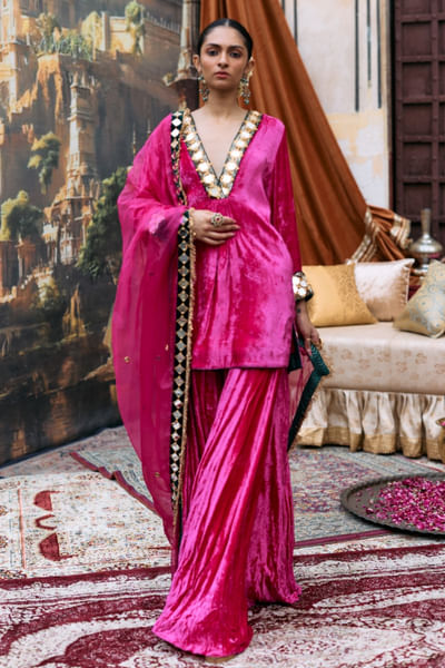 Pink zari-mirror embroidery peplum sharara set