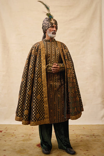 Green and black gota embroidered sherwani set