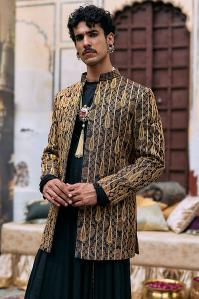 Black gota embroidered jacket-angrakha set
