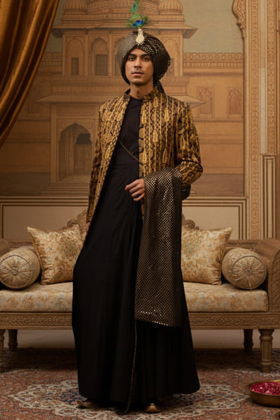 Black brocade embroidered sherwani set