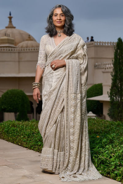 Ivory aari embroidered sari set