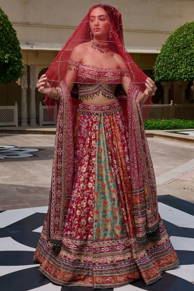 Multicoloured embroidered lehenga set