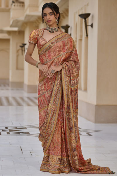 Multicoloured sequin embroidered sari set