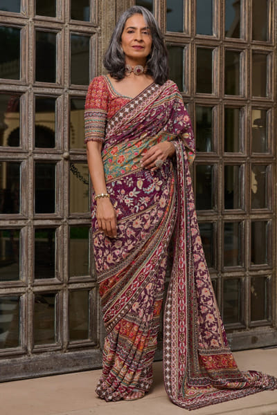 Red embroidered sari set