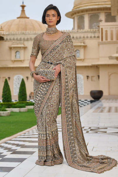 Black zari embroidered sari set
