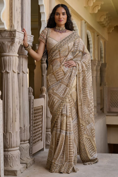 Gold sequin embroidered sari set
