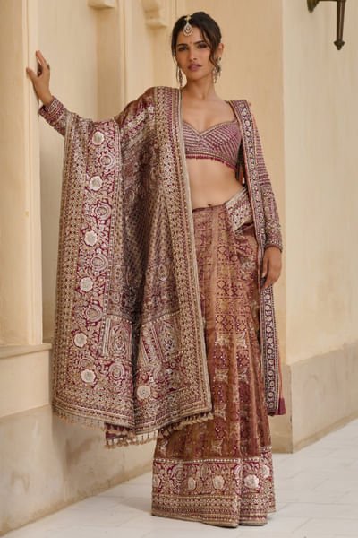 Wine embroidered kanjivaram sari set