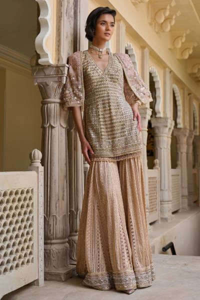 Gold sequin embroidered sharara set