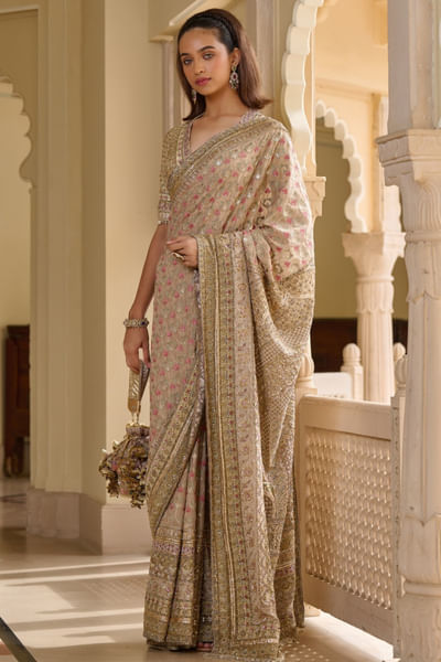 Gold kashida embroidered sari set