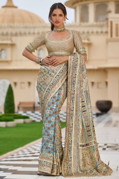 Multicoloured kashida embroidered sari set