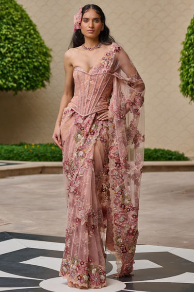 Multicoloured embellished corset sari set