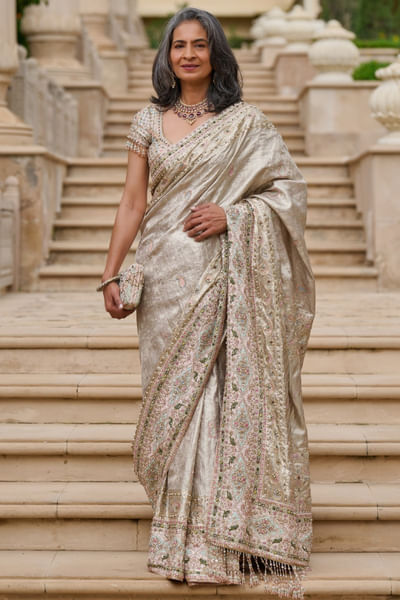 Gold pearl embellished sari set
