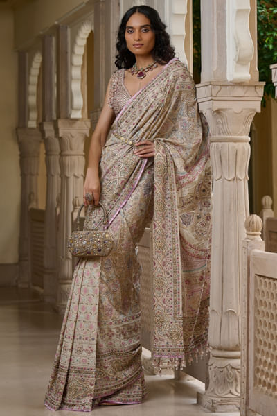 Multicoloured zardozi embroidered sari set