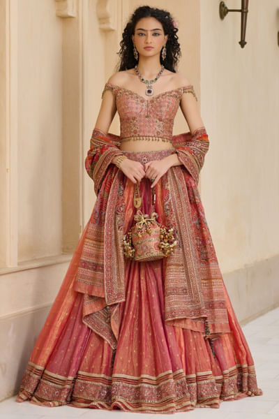 Pink kashida embroidered lehenga set