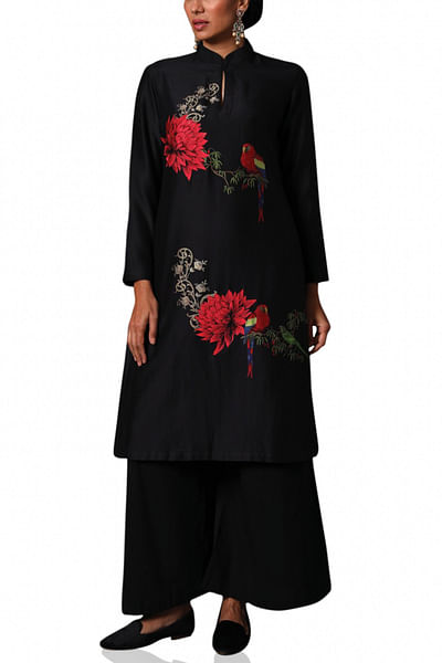 Black floral printed and embroidered tunic set