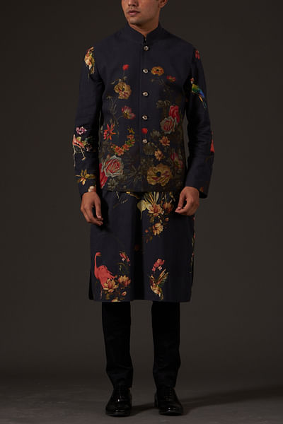 Black floral printed nehru jackets