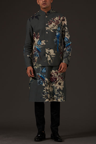 Grey floral print nehru jackets
