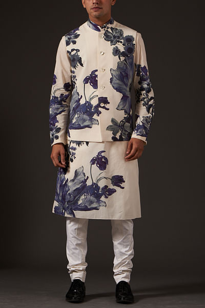 Ivory floral print nehru jackets