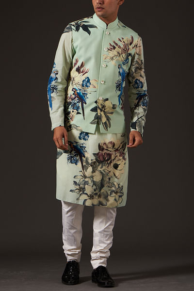 Sea green floral print nehru jackets