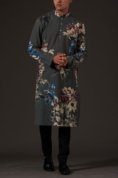Grey floral print kurta set
