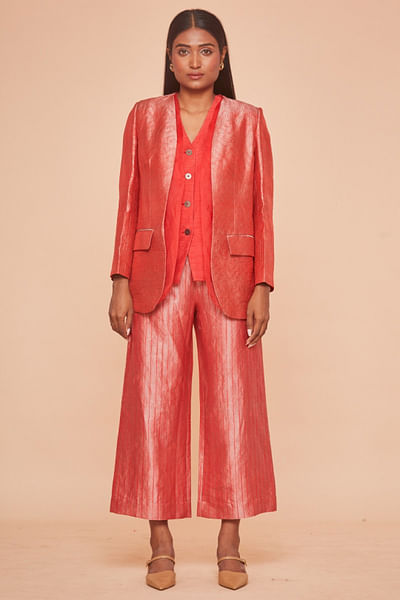 Red brocade blazer set