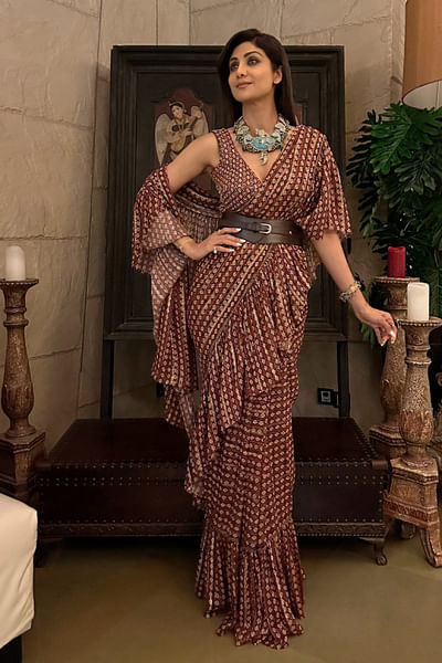Brown printed lurex georgette sari set