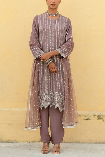 Brown sequin and cutdana embellished kurta set