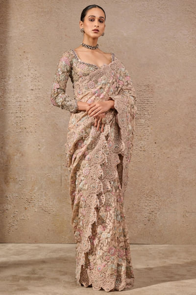 Multicolour floral embroidered sari set
