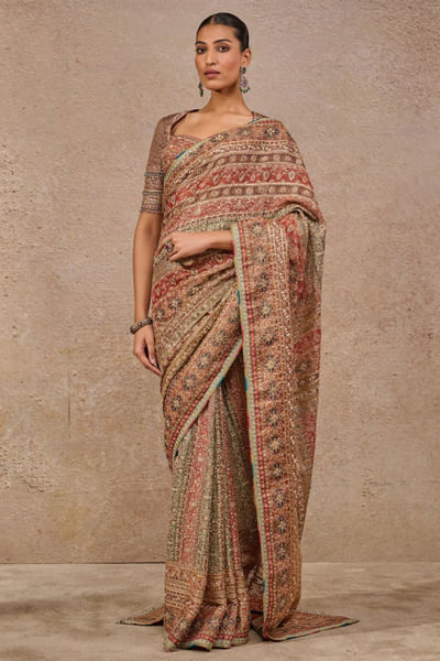 Multicolour kashida embroidered sari set