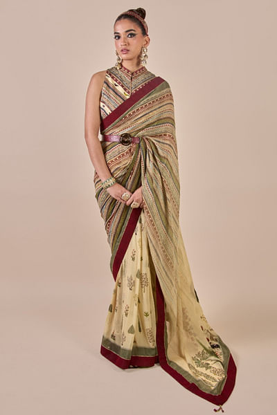 Multicolour printed sari set