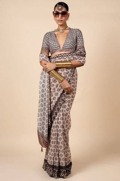 Blue and grey printed sari set