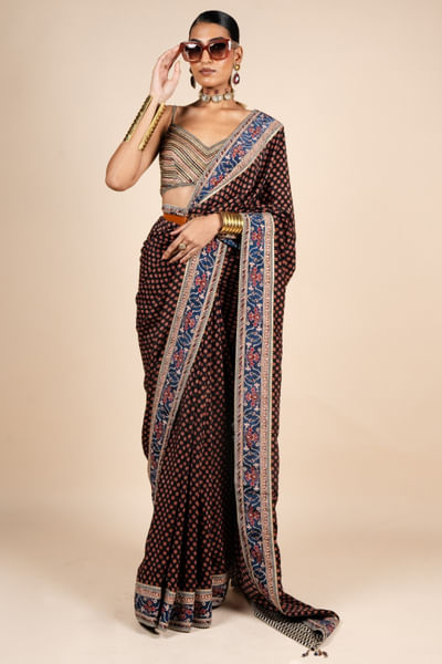 Multicolour printed sari set