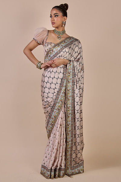 Pink and ivory printed sari set
