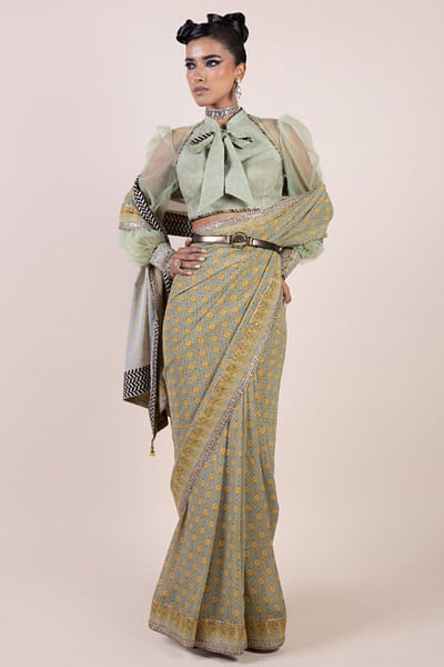 Green printed sari set