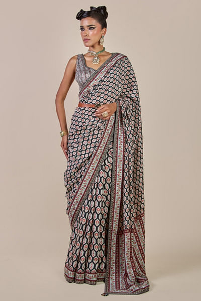 Blue and ivory printed sari set