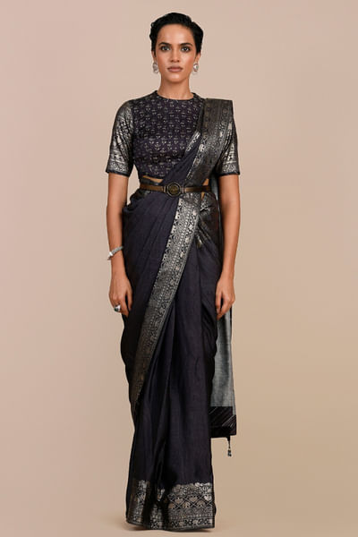 Deep violet jamavar printed sari set