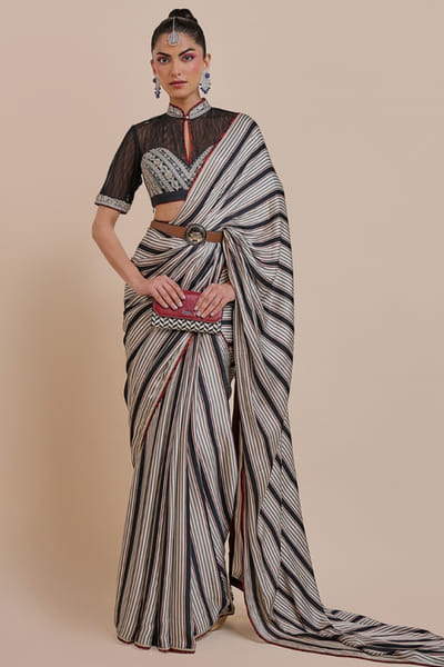 JJV.Kapurthala By JJ Valaya Black-ivory embroidered sari-collar blouse set JJVMAY26D144366